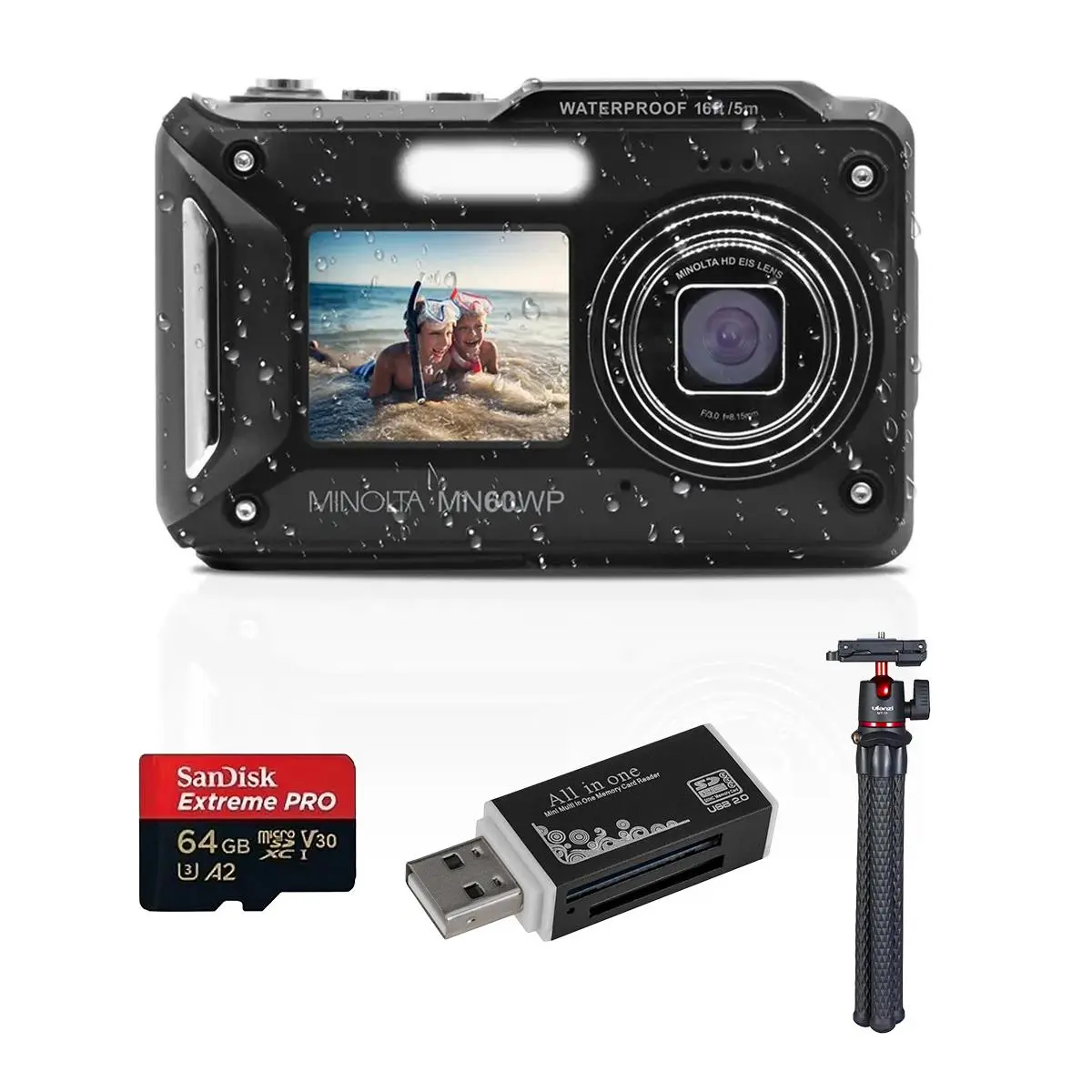Minolta MN60WP 48MP 4K Ultra HD Dual LCD Screen Waterproof Digital Camera, Black, Bundle with 64GB Memory Card, MT-11 Tripod and USB Card Reader