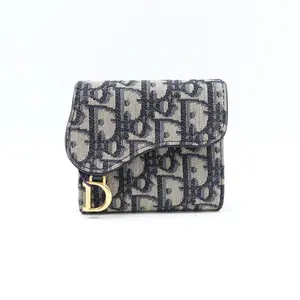 Pre-owned Dior Canvas Small Leather Goods Saddle Blue Oblique Wallet