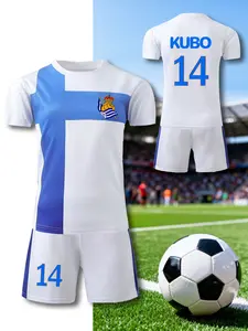 2-piece Youth Boys' Quick-Drying Soccer Jersey and Shorts Set - with jersey number 14 and name KUBO, youth quick-drying sports soccer training clothes, ideal for sports, training, casual wear and team activities, suitable for outdoor sports