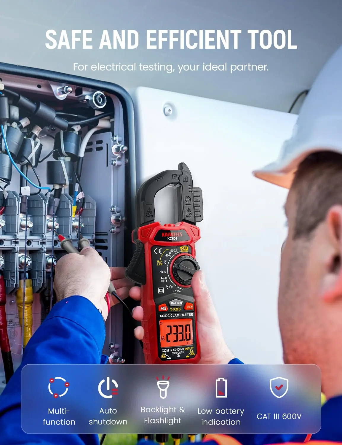 KAIWEETS Digital Clamp Meter Multimeter with D-Shaped Jaw, AC/DC Current & Voltage Tester, 4000 Counts LCD Auto-ranging Smart Multimeter with Flashlight Backlight, NCV Non-contact Detection, Volt Amp Meter Test Tool for Circuit Tracer and Breaker Finder