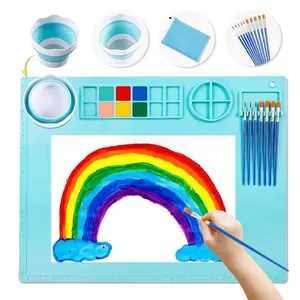 Large 20x16 Silicone Craft Mat with Cup & 10 Brushes - Mess-Free Waterproof Art Mat for Painting, Resin & DIY Crafts - Non-Stick Drawing Pad