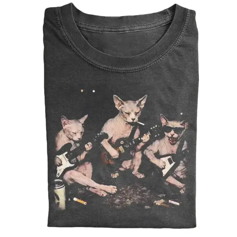 Vintage Graphic T-Shirt for Women, USA-Made Sphynx Cat Print in Distressed Heavyweight Cotton, Casual Short Sleeve Streetwear, Regular Fit, Vintage Street