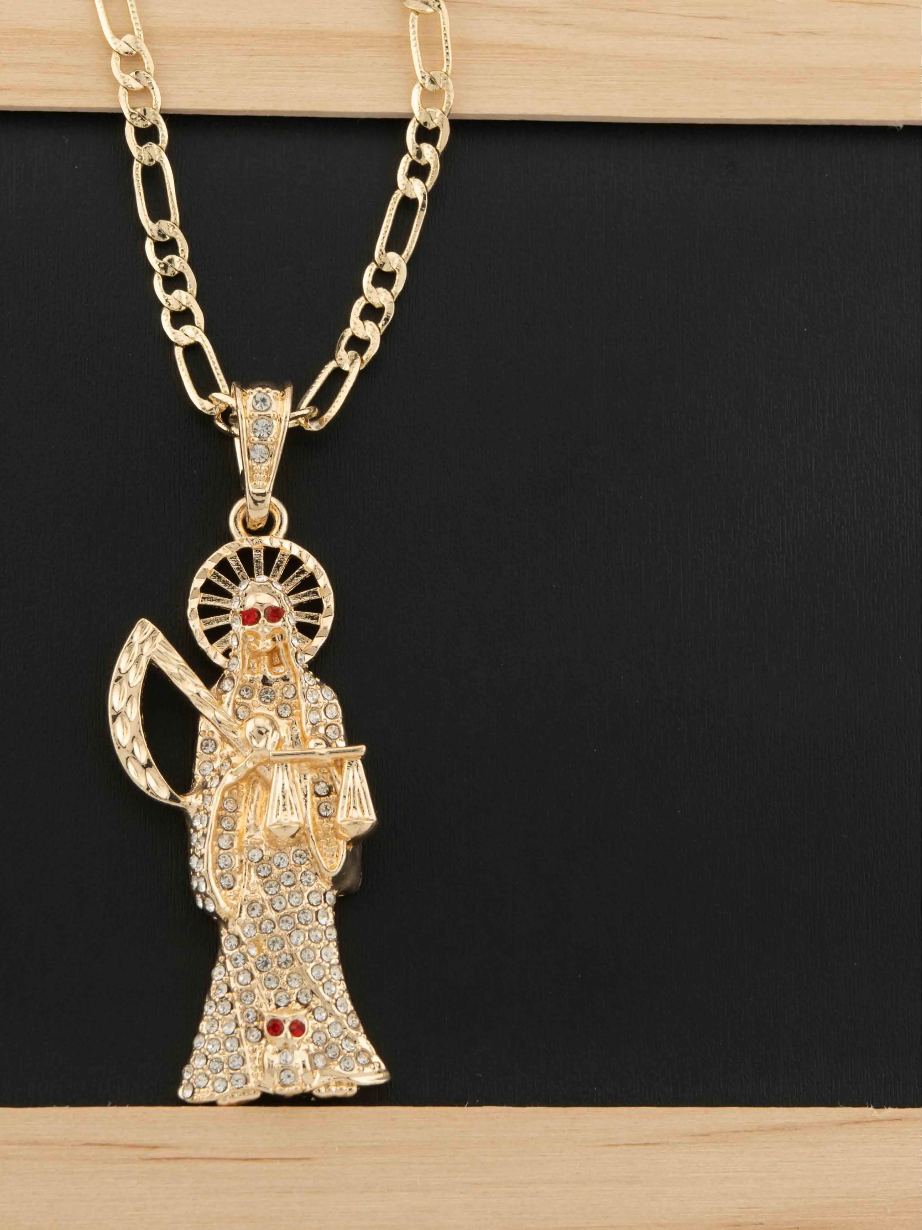 Gold-Plated Santa Muerte Pendant with 18 or 24 Inch Figaro Chain, Elegant Holy Death Jewelry for Faith-Based Fashion, Gold Plated Necklace, Chain & Link, Casual