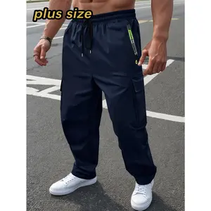Men's Plus-size Fashion Casual Lightweight Cargo Pants with Drawstring Waist, Zippered Pockets, and Large Patch Pockets. Suitable for Outdoor Daily Casual Wear, Sports, and Spring, Summer, and Autumn Seasons, PLUS SIZE
