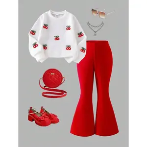 (New) Kids Clothing Girls 2-Piece Cherry Print Rib Knit Long Sleeve Top & Flare Pants Set, Comfortable Casual Autumn Back to School Outfit, Small Size Red Fashion Letter T-Shirt Skeleton Sweatshirt Homecoming Set