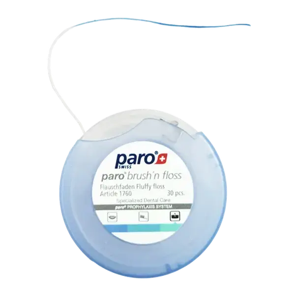 Paro Brush'n Floss #1760 Super Floss 30 Pre-Cut Strands 15cm – Spongy Dental Floss with Stiffened Threader for Braces, Bridges & Wide Tooth Gaps, Interdental Cleaning & Daily Orthodontic Oral Care