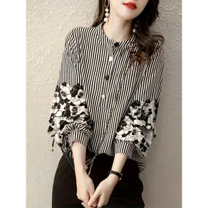 Lili's beautiful wardrobe Elegant Striped Floral Blouse Lantern Sleeves Regular Fit Long Sleeve Button Front Machine Washable Casual Formal Wear