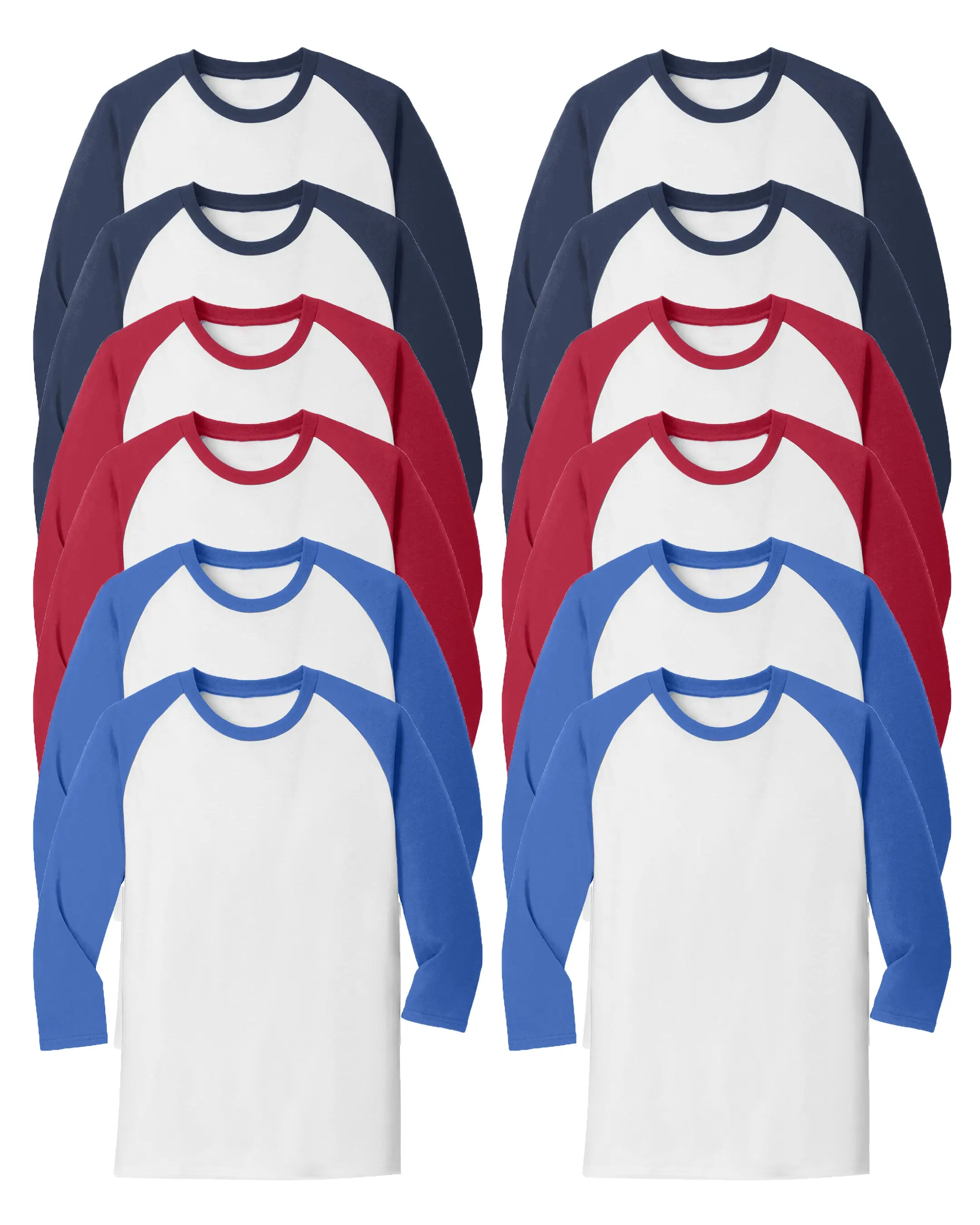 Men's Raglan T-Shirt, Casual 3/4-Sleeve Baseball Jersey, Cotton-Polyester Blend Top, Multicolor 12-Pack, Tshirt, Long Sleeves, Menswear