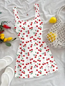 Summer Women's Cherry Print Dress, Sleeveless Square Neck High Waist Side Split Bodycon Short Dress, Fashionable and Stylish, Casual Wear