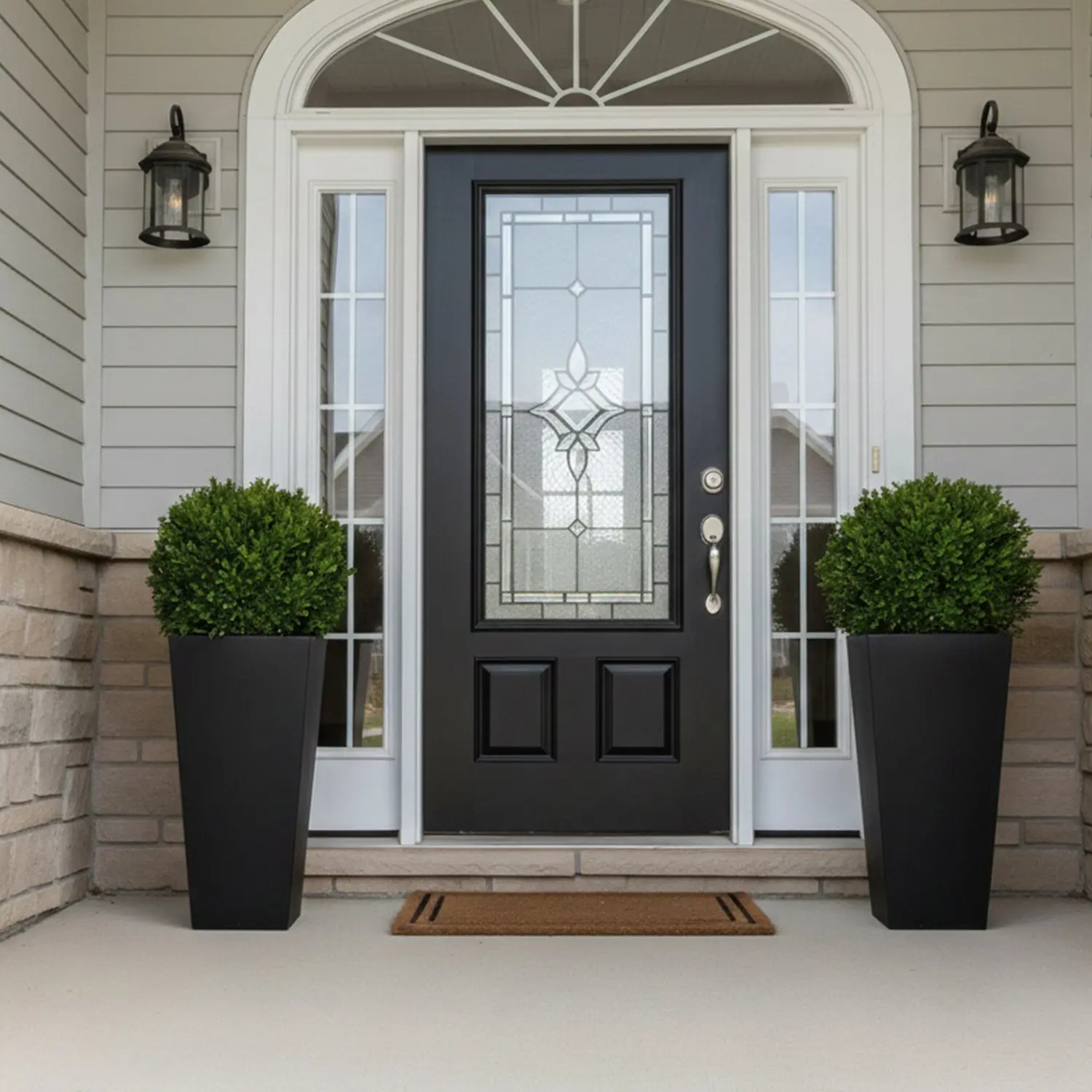 GreenShip 27in Tall Garden Planters (Set of 2) - Large Black Recycled Resin Pots with Drainage Hole, Inner Shelf, Natural Stone Accents, Modern Plant Decor for Hydrangeas, Front Door