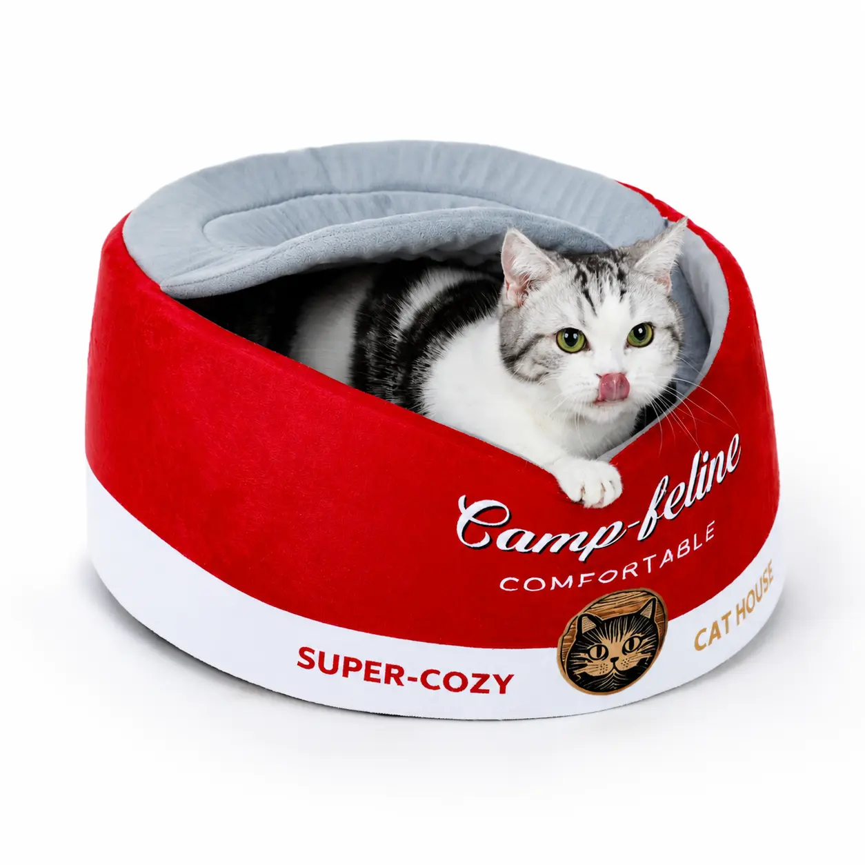 Can-Shaped Covered Cat Bed, Cute Cozy Cat Cave with Removable Plush Cushion, Private Hideaway Sleeping Space for Indoor Cats and Kittens, Red, 19.6"