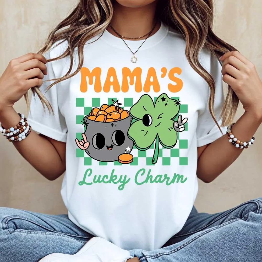 Mama's Lucky Charm Pot Of Gold And Clover Print Tshirt White Crewneck Casual Top For St Patrick's Day Celebration