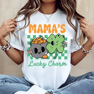 Mama's Lucky Charm Pot Of Gold And Clover Print Tshirt White Crewneck Casual Top For St Patrick's Day Celebration