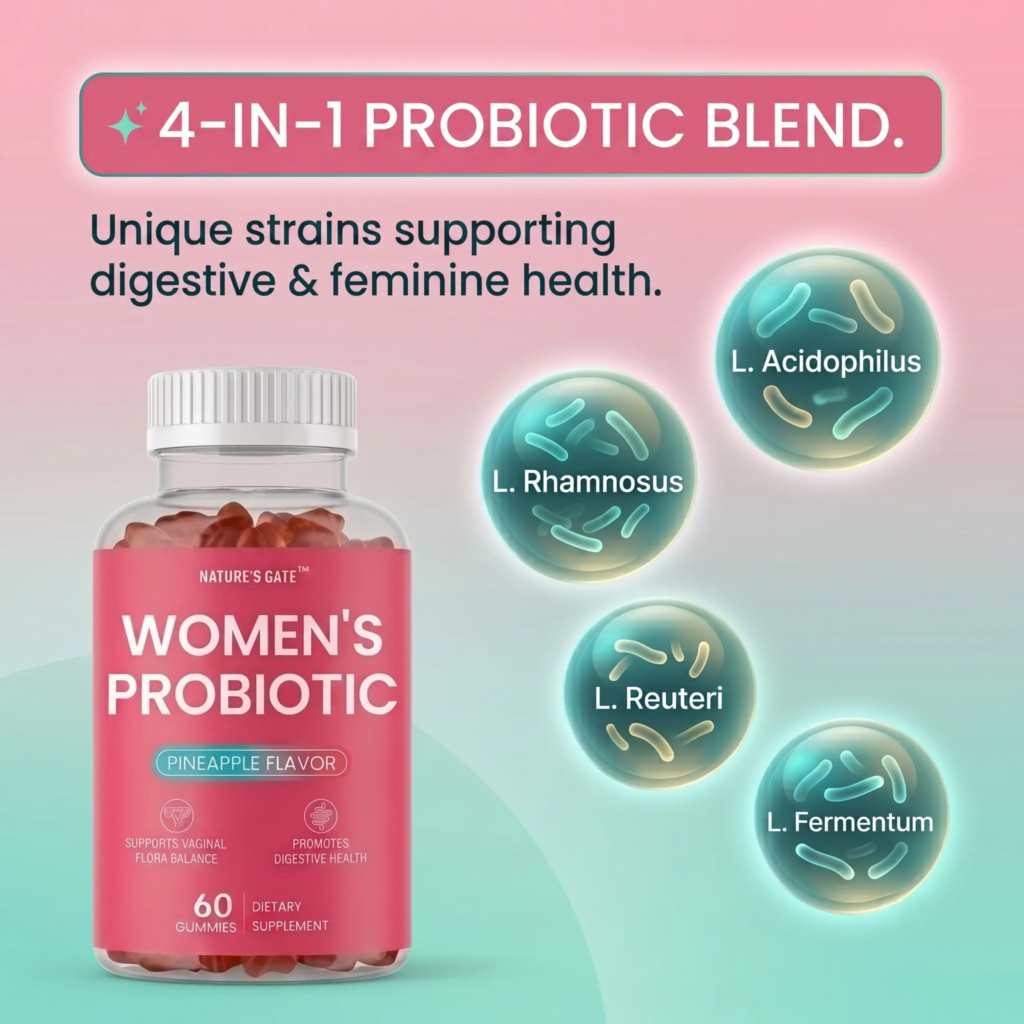Nature's Gate Hawaiian Pineapple Feminine Daily Probiotic Gummies - 2-in-1 Dietary Edible Supplements with Slippery Elm, Prebiotics, 4-Strain Lactobacillus Blend for Women’s pH Balance, Intimate Care, 4 Strains