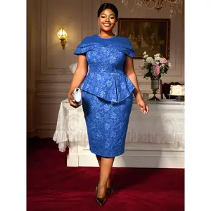 Elegant Women Package Hip Jacquard Ruffle Dress O Neck Patchwork Sheer Mesh Cape Sleeves Formal Evening Celebrate Wedding Guest Occasion