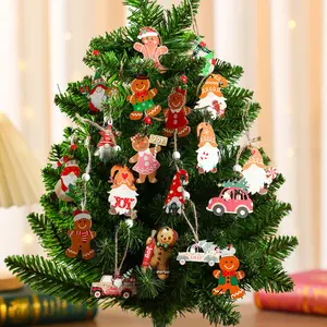 1 set/12 pieces - Christmas decorations, wooden box mounted wooden painted pendants, non electrified tree accessories, faceless elderly, gingerbread man, car, green elf, suitable for decorating props and gifts in holiday parties and gatherings