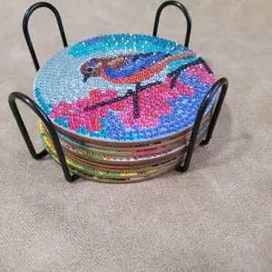 8 piece set Spring Bird Coasters with Colorful Bead Design and Black Metal Stand