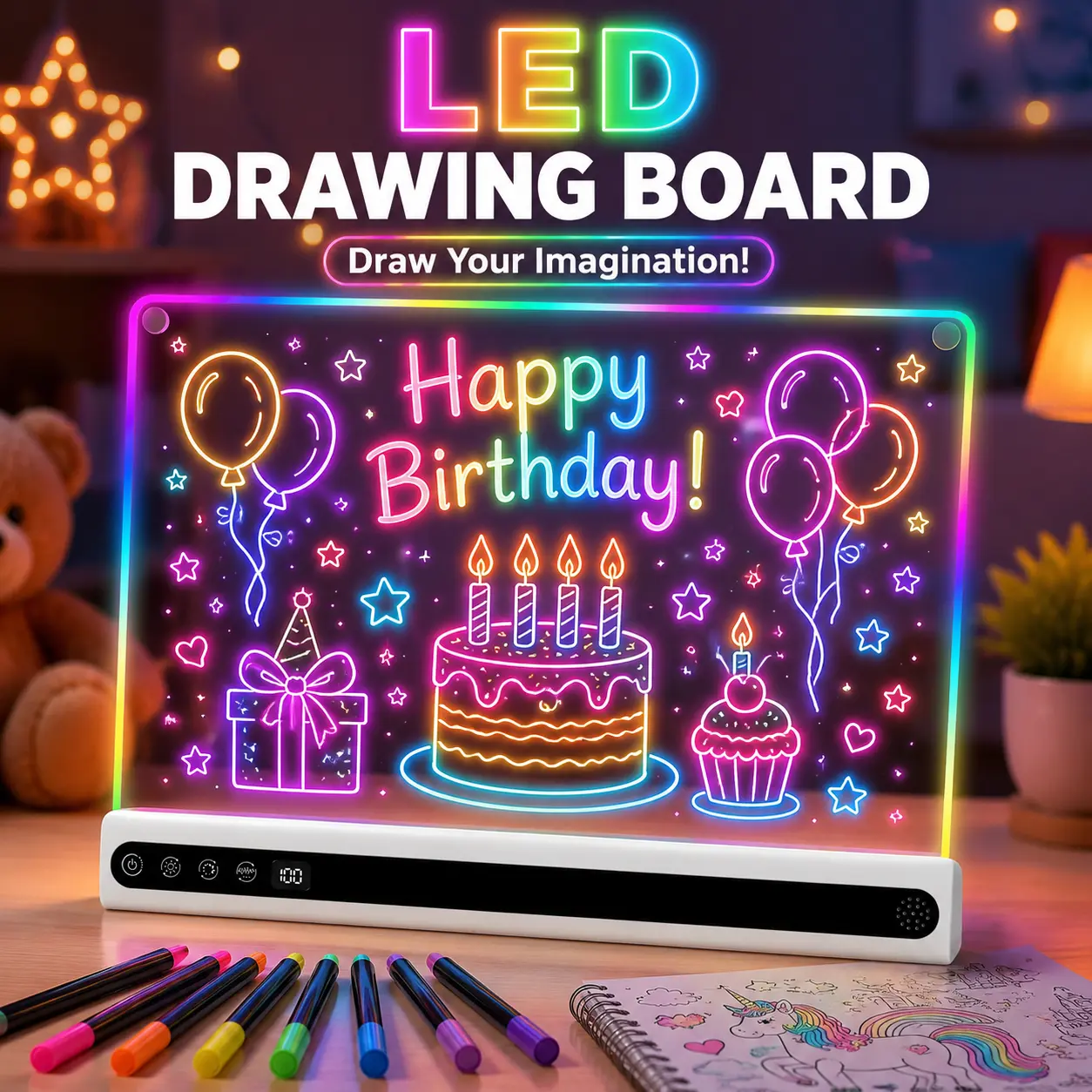 Rechargeable LED Drawing Board for Kids with Music, 14 Light Effects, 7 Markers and 6 Tracing Sheets, 10H Battery Life, Doodle Board for Ages 3-12, Birthday Gift for Girls and Boys, White