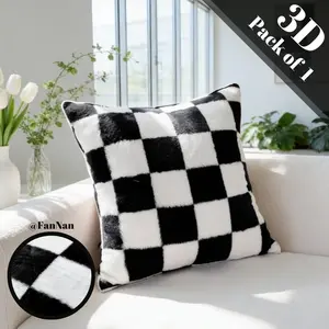 1pc Black White Checkerboard Pattern Fluffy Throw Pillow Cover, Cushion Cover, Creative Decorative Cushion, Ins Style Modern Racing Design Soft All-Season Pillow Insert Not Included 18x18Inch For Living Room Bedroom Sofa Home Decor