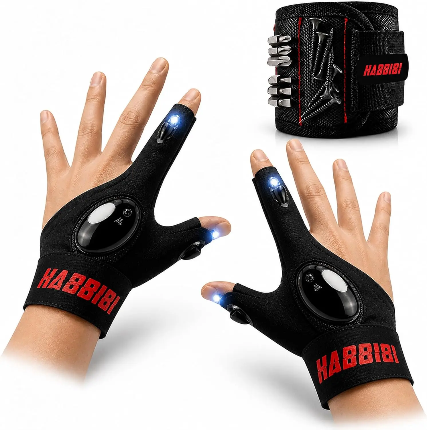 LED Flashlight Gloves with Magnetic Wristband, Hands-Free Finger Lights for Auto Repair, Camping, DIY, Mechanics & Outdoor Work