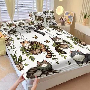 Cute Cat Plant Theme Fitted Sheet Set, 1 Mattress Protector and 2 Coreless Pillowcases, Cat and Hanging Vine Mattress Protector, Soft Anti-Slip Wrinkle-Resistant, Fresh Cute Bedroom Decor Gift