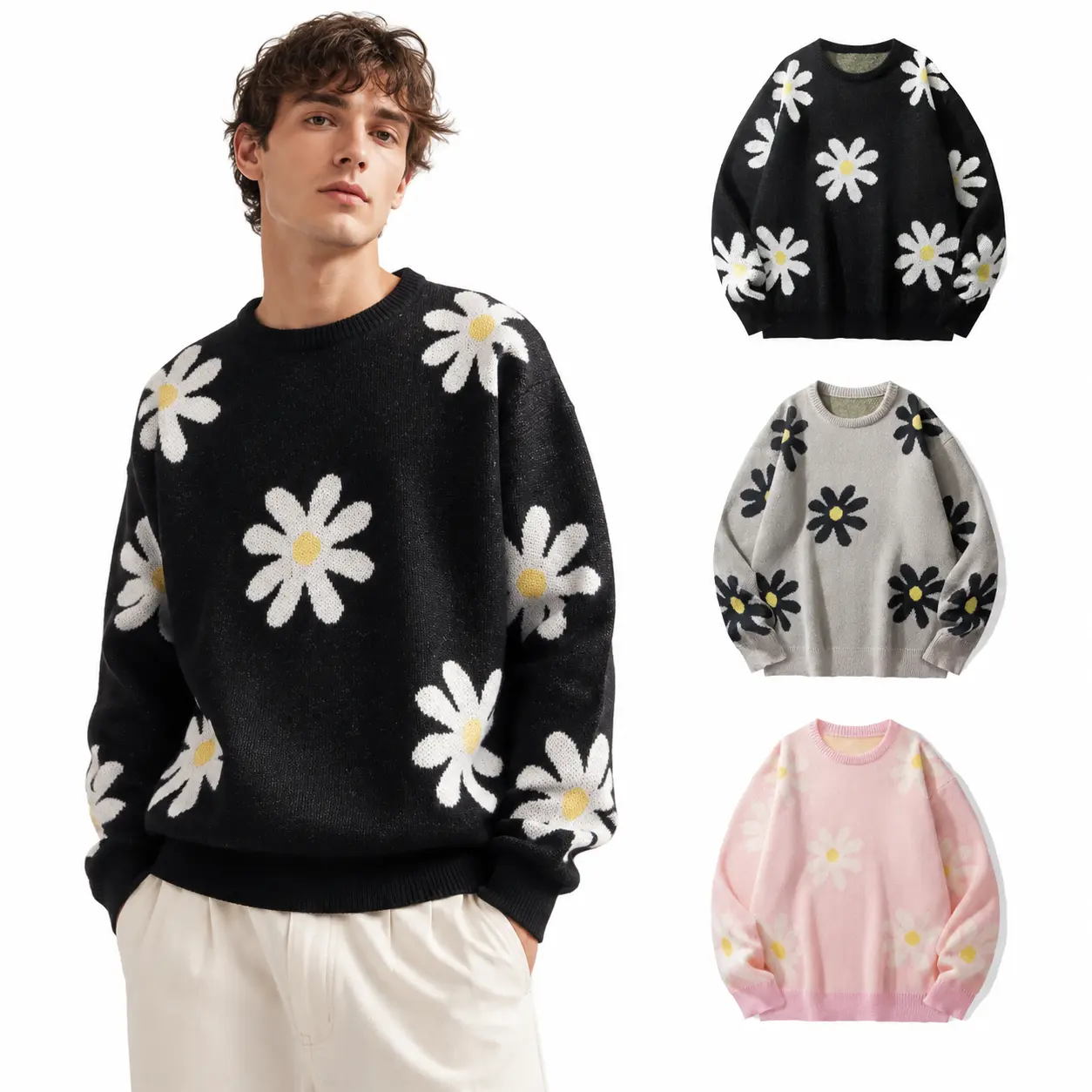 Men  Crew Neck Black Daisy Floral Print Knit Sweater Loose Fit Vintage Flower Graphic Pullover Jumper Soft Casual Streetwear Warm Knit Top for Fall Winter Daily Outfits
