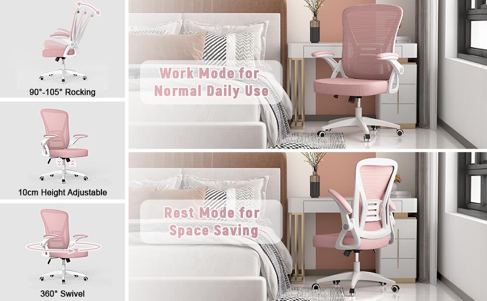 Office Chair with Folding Armrests, Ergonomic swivel chair with mesh cover, lumbar support, height adjustable, rocker function