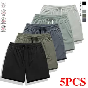 5PCS – Men’s letter-print shorts with drawstring waist, summer clothing, loose casual straight-leg shorts with elastic waistband and pockets, men’s bottoms for everyday wear Menswear Menswear Tropical Beige
