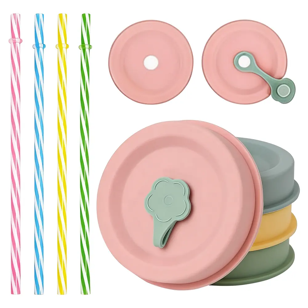 4 Packs Silicone Mason Jar Lids with Straw Hole & 4Pcs Straw Kit, Dual-Fit Regular Mouth & Wide Mouth Mason Jars Ball, Kerr, Mainstays, Drinking Lids with Straw Hole (Plastic-Free)