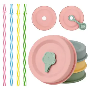 4 Packs Silicone Mason Jar Lids with Straw Hole & 4Pcs Straw Kit, Dual-Fit Regular Mouth & Wide Mouth Mason Jars Ball, Kerr, Mainstays, Drinking Lids with Straw Hole (Plastic-Free)