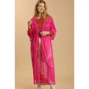 Umgee Full Size Floral Lace Open Front Long Kimono with Waist Tie Plus Size
