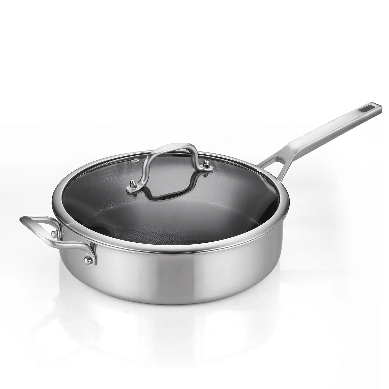 Hybrid Tri-Ply Stainless Steel Non-Stick Sauté Pan with Lid,12 Inch Deep Frying Pan, 5QT / 6QT / 7QT Large Skillet, Jumbo Cooker, Induction Pan