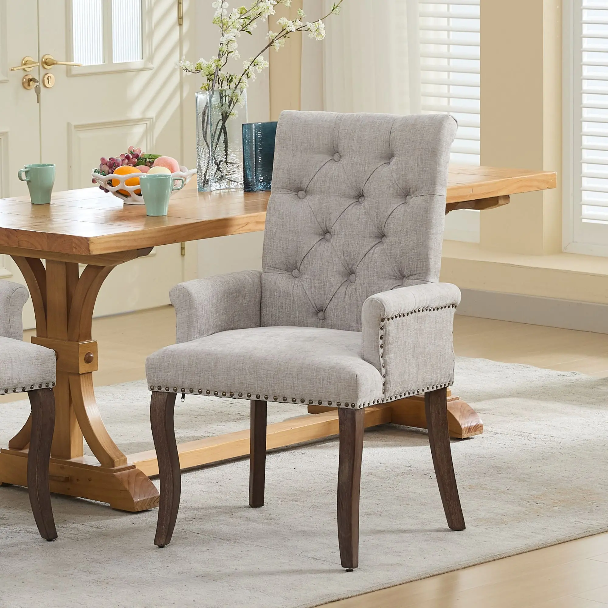 Elegant Tufted Upholstered Chenille Dining Chair - Armchair with Armrest, Curved Solid Wood Legs, 300 lbs Weight Capacity, Modern Single Pack for Dining Room or Kitchen