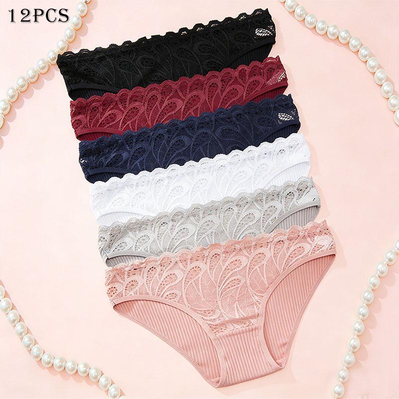 12pcs Sexy Cutout Lace Ruffle Trim Women’s Panties, Skin-Friendly, Butt-Lifting, Breathable Triangle Style