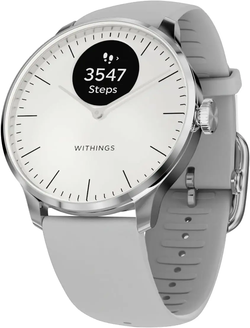 Withings ScanWatch Light - Hybrid Smart Watch, Heart Rate Monitoring, Fitness Tracker, Cycle Tracker, Sleep Monitoring, White & Silver, 37mm