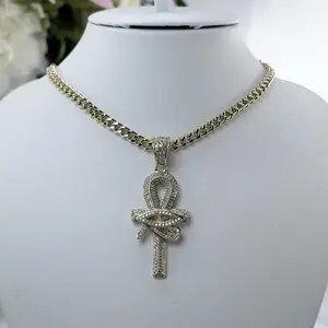(116) 14K Gold Plated Egyptian Eye Rhinestone Pendant with Cuban Tight Chain for Men and Women Unisex Jewelry