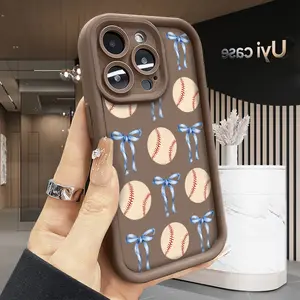Baseball & Blue Bows Soft Case for iPhone 17 Air 16 Pro Max 15 Plus 14 13 12 11 X XS Shockproof Drop Protection Rugged Durable Silicone Cover Anti-Scratch Festive Design