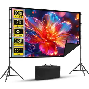 Outdoor Projector Screen with Stand,  120 inch Portable Projector Screen Black Backing, Indoor Projection Screen 16:9 4K  Wrinkle-Free Movie Screen with Carry Bag for Backyard Movie Night