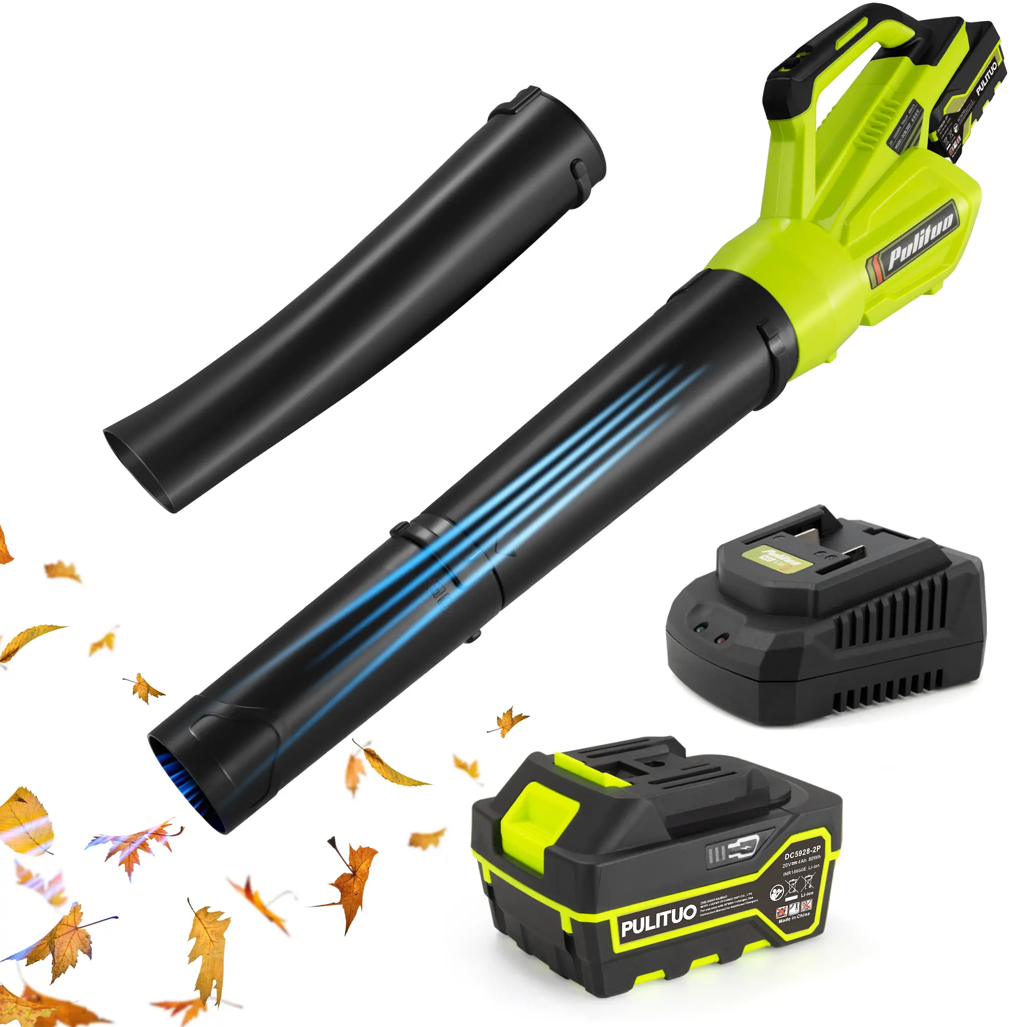 PULITUO 20V Cordless Leaf Blower, High Power Output 22500 RPM 400 CFM, 4000mAh Battery with Fast Charger, 3.5 LBS Lightweight, Multi Nozzles for Leaf/Dust Removal