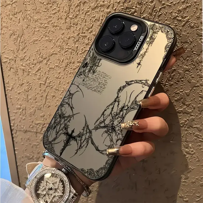 Cyber Sigilism Phone Case – Gothic Cross Line Art Silver Chrome Design | Stylish Bumper Protective Cover | Trendy Gift for Goth & Alternative Lovers | Compatible With iPhone 11–17