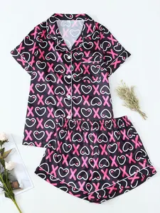 Cute Sexy Homecoming Suit Short Pants Short Sleeves Women Sleepwear Cartoon Front Button Comfortable Breathable Casual Wear