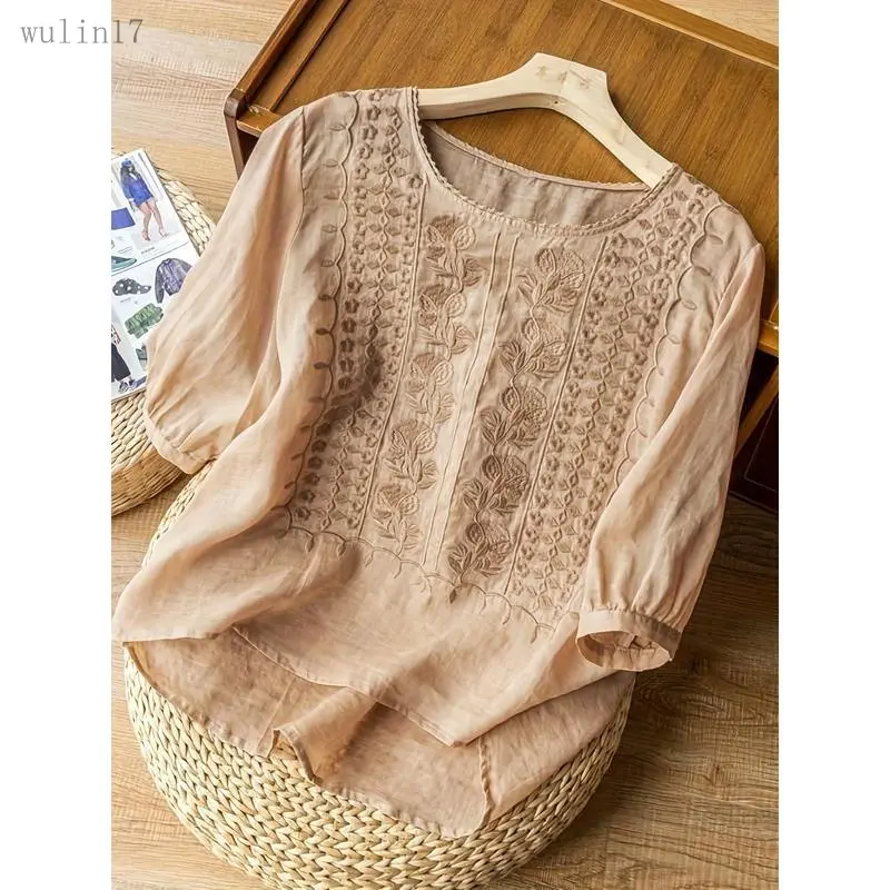 NewNew2025Women's Boho Casual Cotton Linen Summer Floral Embroidered Fashion Tops V Neck 3/4 Sleeve  Loose Blouse T-Shirts