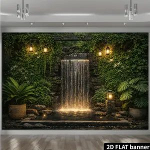 2D Flat Banner HD Digitally Printed Polyester Photography Backdrop - Soft, Lightweight, Folding, Machine Washable Background Cloth with Serene Nature Waterfall, Lush Greenery, Rocks, Warm Lanterns for Video Studio