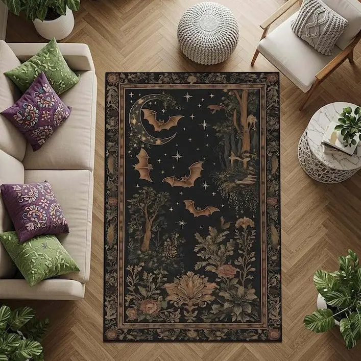 Witchy Gothic Rug, Dark Bat and Moon Carpet with Starry Night Garden, Celestial Mystical Decor for Living Room or Spirit Room Accent