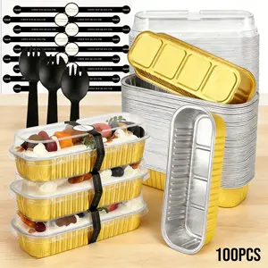 For Daily Baking, Parties & BBQ, Baking Food Serving Solution, 100 Pcs Rectangular Aluminum Foil Baking Pans, With Lids, Spoons & Sealing Stickers, Effortlessly Handle Baking Packing & Serving, Baking Container Supplies