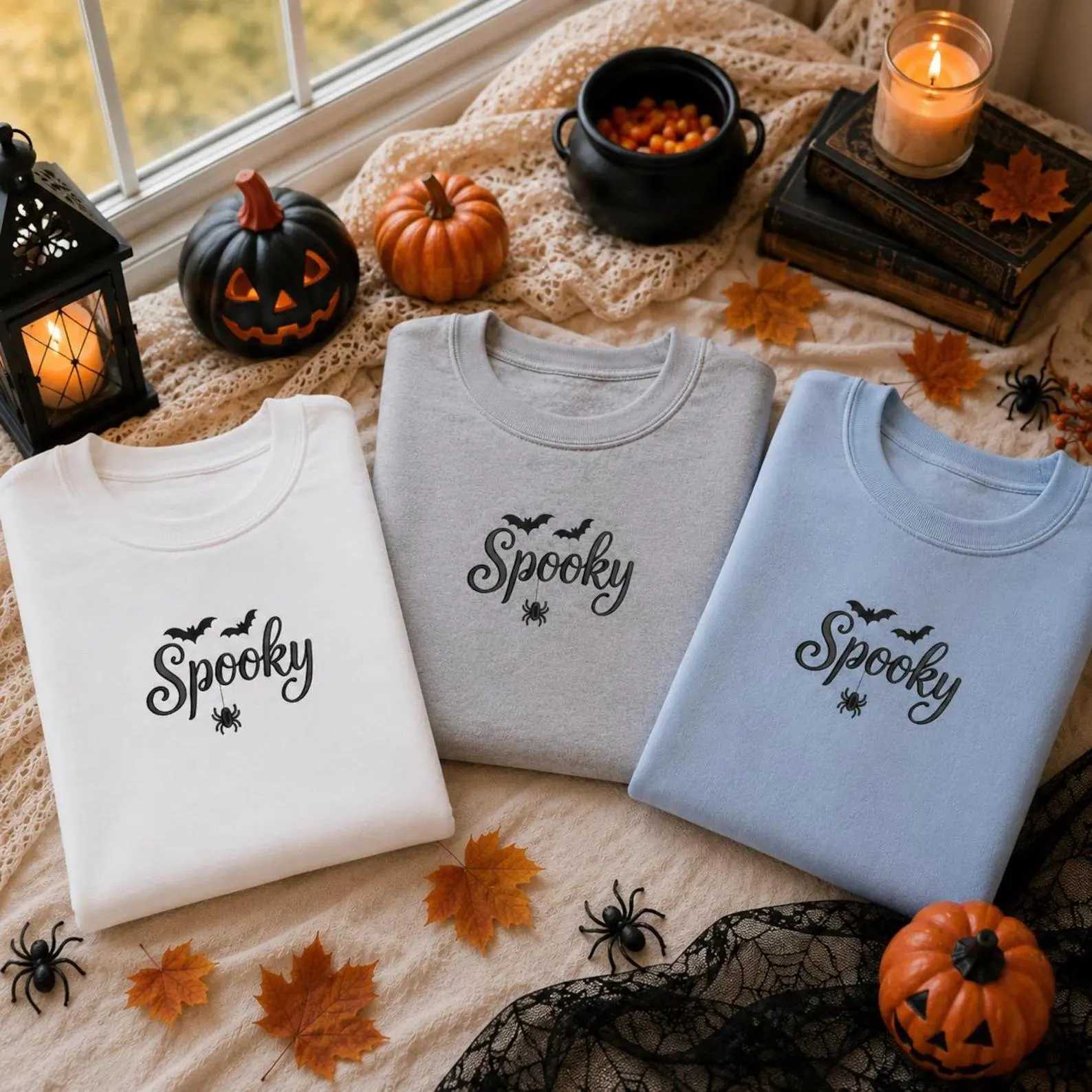 [Made in US] Embroidered Spooky Sweatshirt Spooky Season Grey Pullover Gildan 18000 Spider Pumpkin Patch Gift