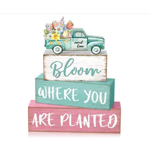 4 Pcs Spring Table Decorations Wooden Truck Floral Block Sign Rustic Flower Tabletop Centerpiece Farmhouse Distressed Mother's Day Decor for Home Office Kitchen Desk Tiered Tray Decor