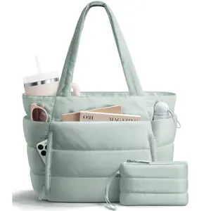 Bagstellar Puffer Tote Bag for Women with Makeup Bag, Large Work Laptop Bag, Lightweight Travel Bag with Zipper Gifts for Mom Wife Teacher Nurse Quilted Shoulder Handbag for School Gym