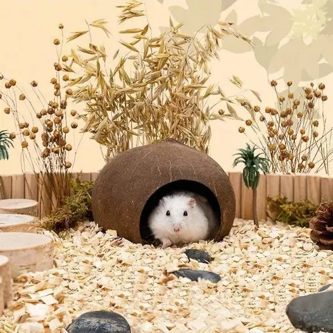Coconut Shell Hideout Cave for Dwarf Hamsters & Small Pets, 3.9-5.1 Inch Size, Natural Material, Ideal Pet Accessory, Hamster Cage Habitat