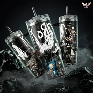 Korn Follow the Leader The Nothing 40 oz Vacuum Insulated Tumbler with Handle & Straw White Distressed Band Logo Graphic Keeps Drinks Hot/Cold 12H+ 18/8 Stainless Steel Travel Mug for Nu-Metal Fans Metalheads Dark Aesthetic Merch Gift